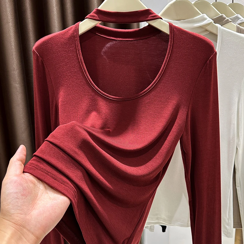 安可拉红兰精莫代尔挂脖U领打底衫女秋冬软糯针织高级感内搭上衣