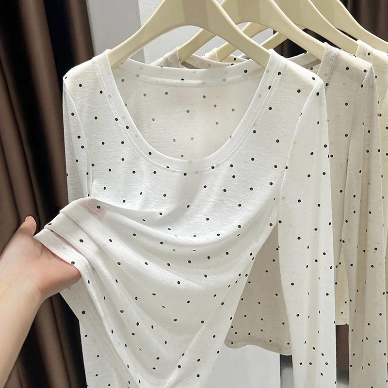 波点圆领防晒长袖T恤女2025新款秋季大领口针织薄款柔软亲肤上衣