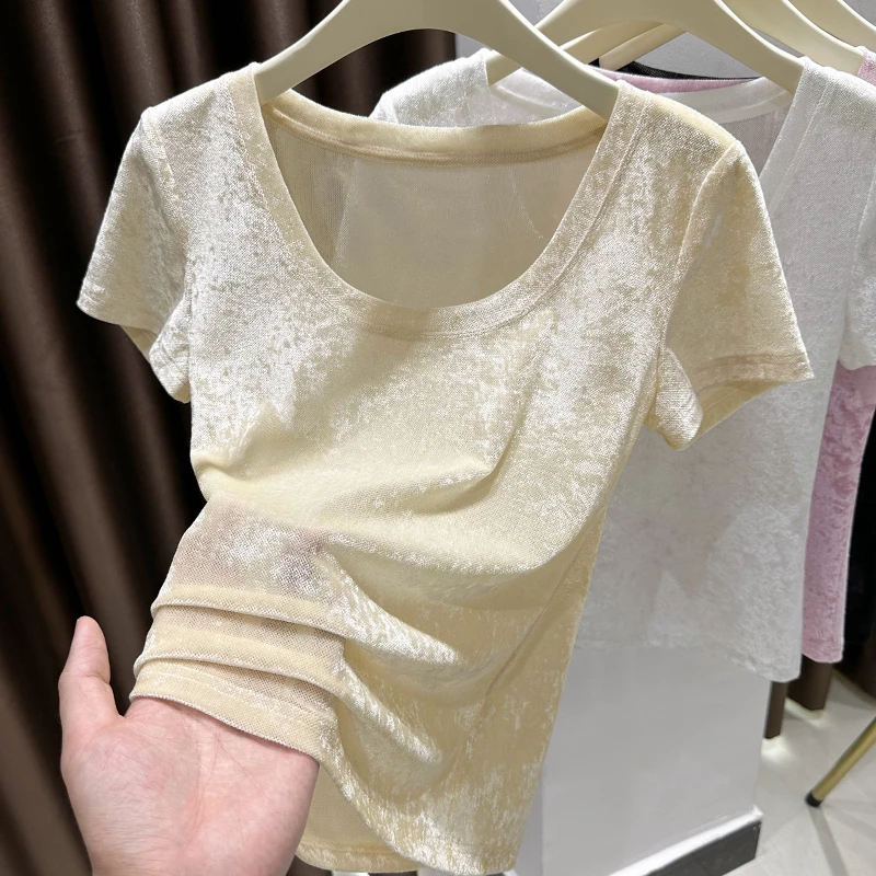冰丝针织短袖T恤女夏季2025新款杏色钻石毛打底衫大圆领薄款上衣