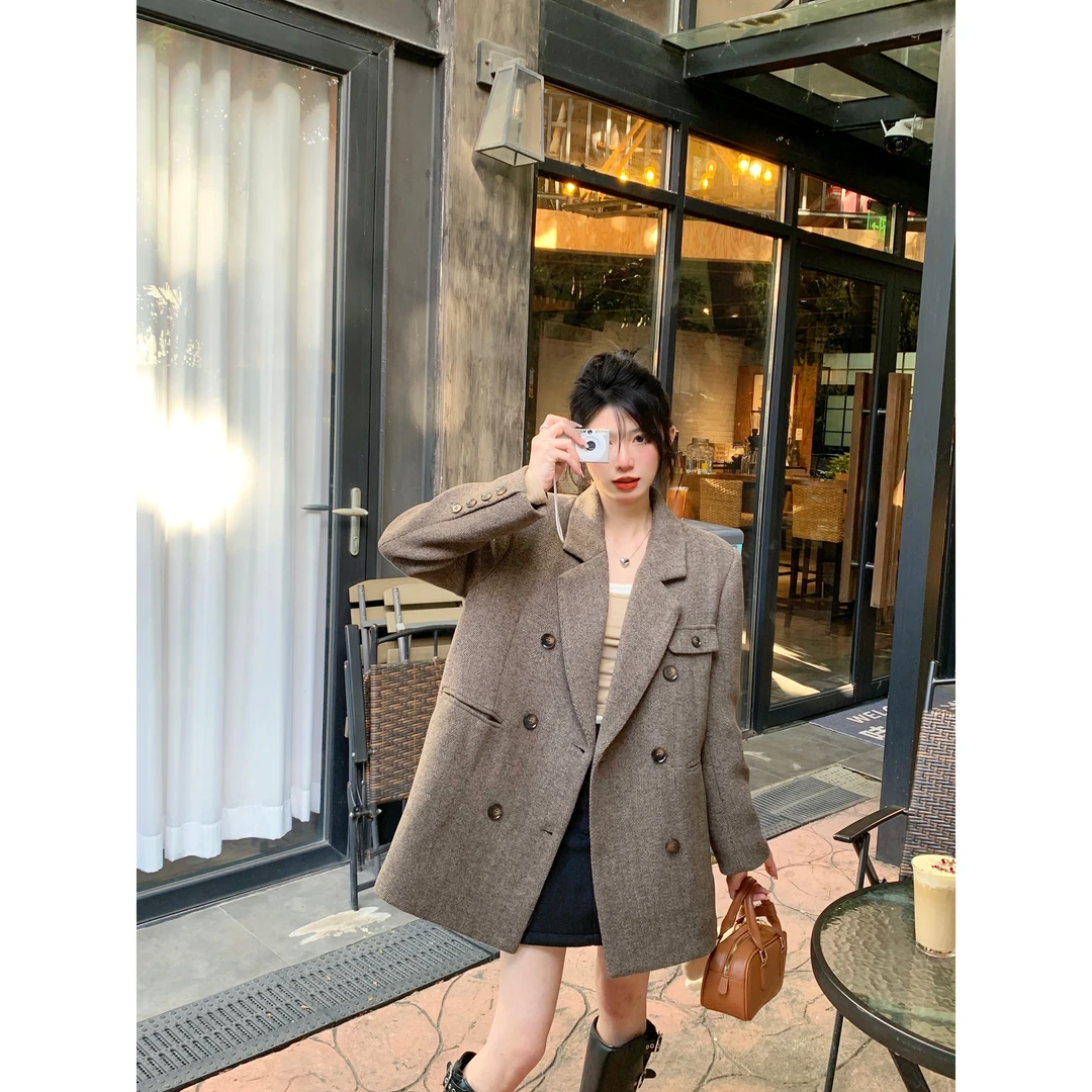 2428097秋冬人字纹磨毛气质复古套装