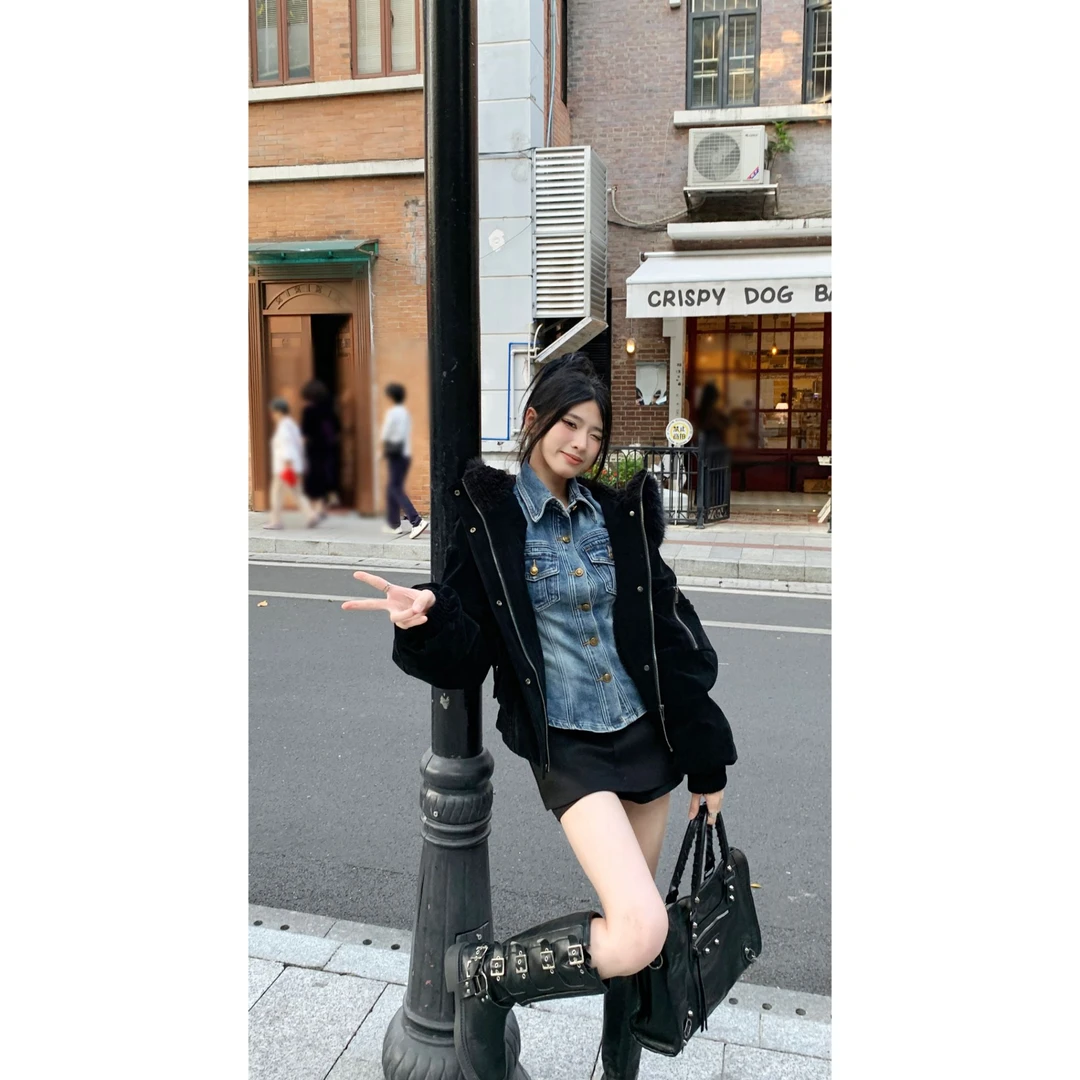 复古美式休闲可单穿水洗蓝色收腰显瘦百搭牛仔衬衫