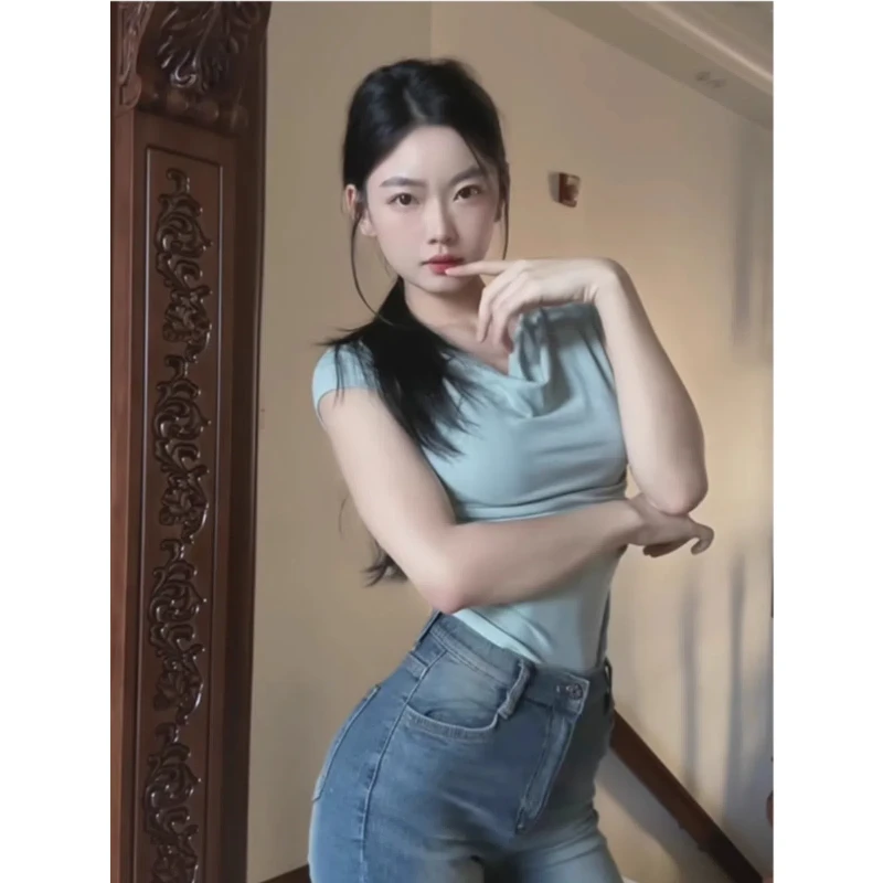 纯欲风一字肩短袖t恤女夏季性感修身设计感小众褶皱辣妹短款上衣