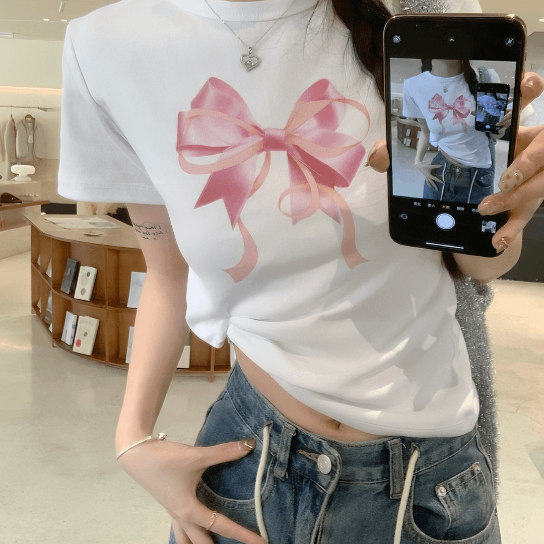 白色圆领蝴蝶结ins印花短袖正肩t恤显瘦夏季辣妹百搭修身短款上衣