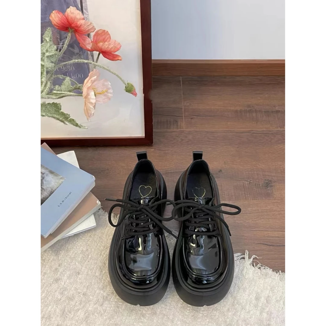 汐汐同款 英伦风黑色小皮鞋小个子增高鞋厚底7CM厚底小皮鞋PS0016