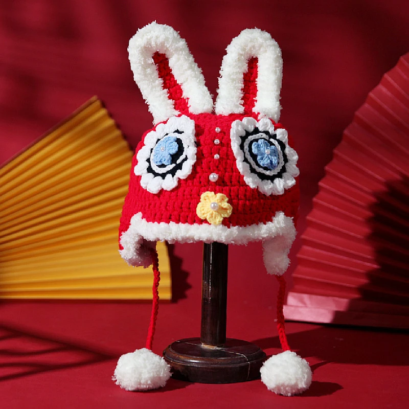 中国风新年兔头帽春节毛绒帽子冬手工编织过年保暖护耳针织毛线帽