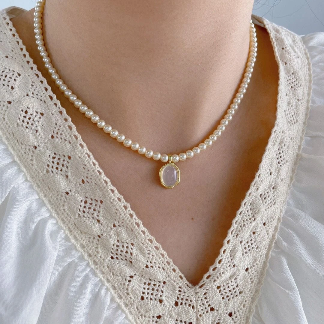 铜合金项链 C1轻奢法式珠珠猫眼项链小众设计高级轻奢感