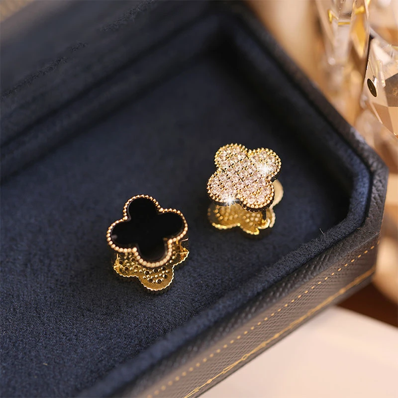 铜合金耳饰 轻奢黑色满钻百搭时尚气质耳钉ins小众双面高级简约款