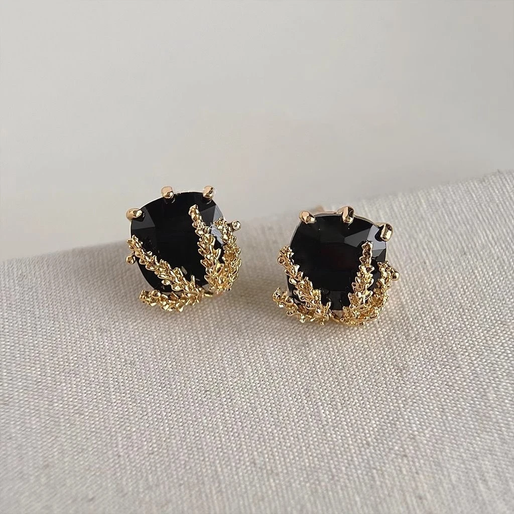 铜合金耳饰 气质小众G59法式黑色麦穗耳钉高级轻奢ins风