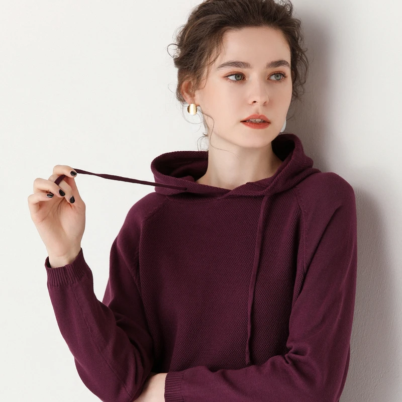 100%纯棉新款带帽卫衣春秋棉线针织衫宽松百搭连帽上衣