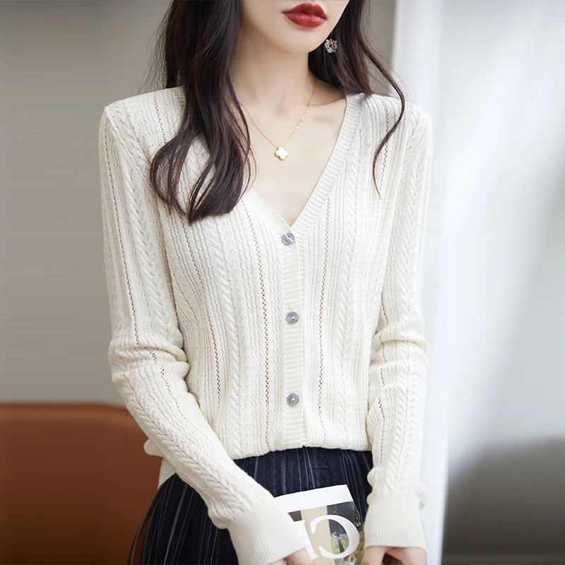 不起球100%纯棉镂空提花针织开衫V领全棉针织衫百搭防晒衫