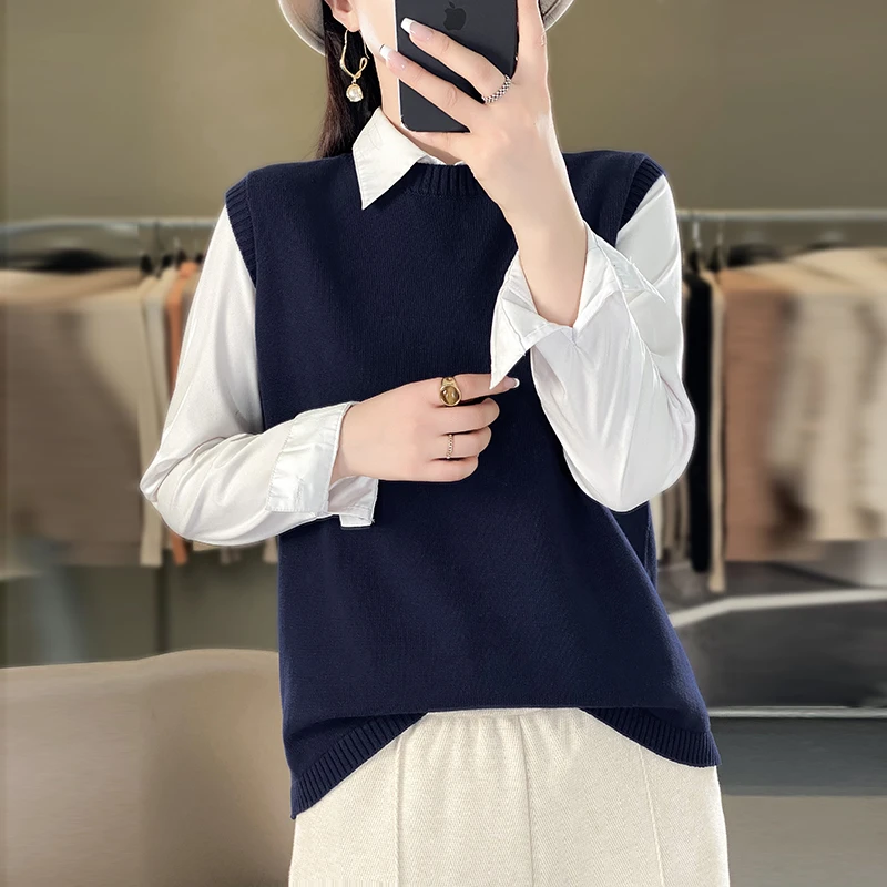 不起球100%纯棉圆领开叉马甲秋冬棉线针织衫百搭宽松马夹