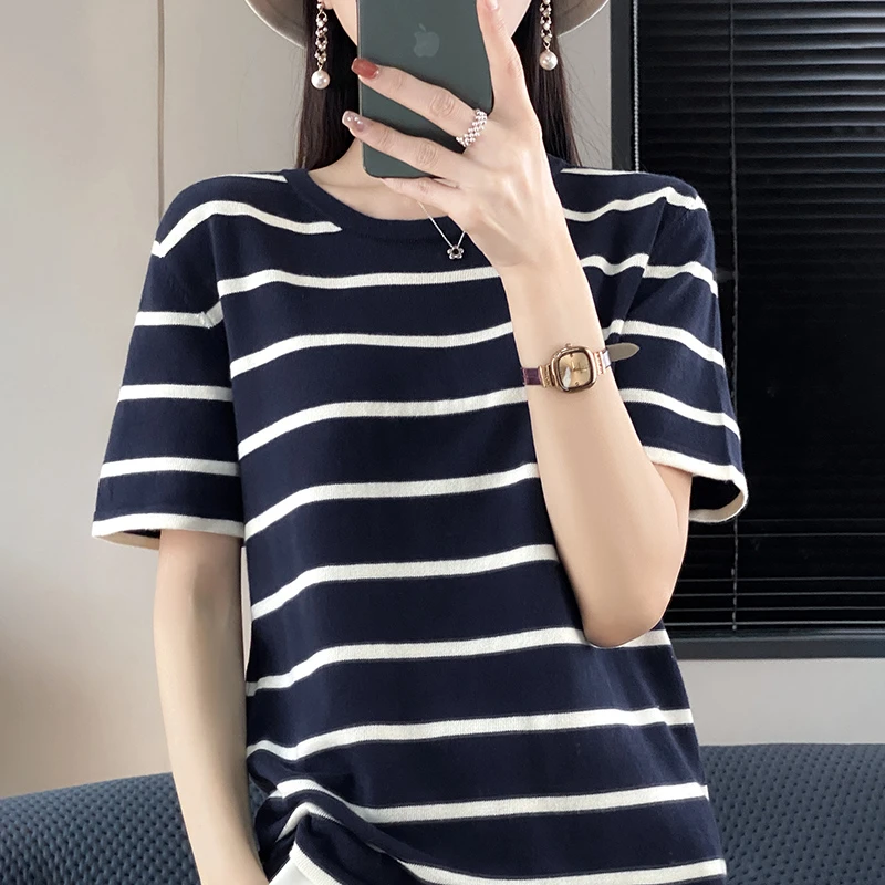 不起球100%纯棉条纹针织短袖百搭显瘦