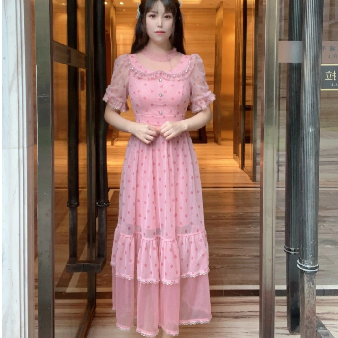 YDNalways品牌原创轻奢设计款夏法式复古波点网纱拼接连衣裙