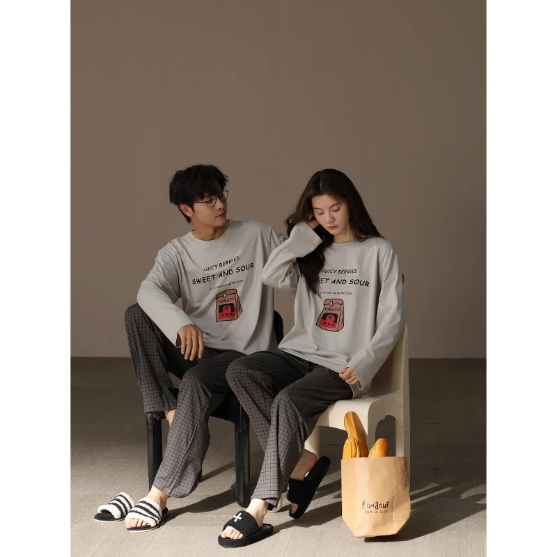 新款春秋情侣睡衣女款新疆棉套头长袖宽松大码青少年男家居服套装