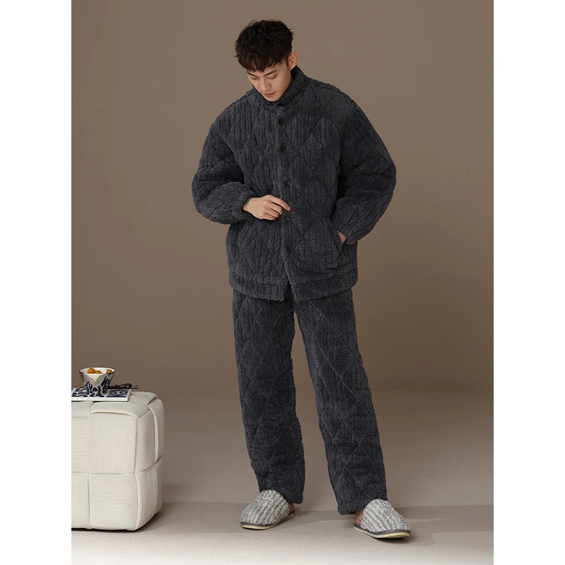 【超厚】睡衣男冬季珊瑚绒三层夹棉加绒保暖高领开衫家居服套装