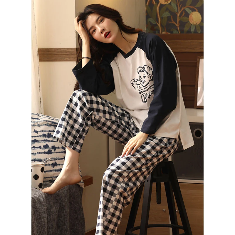 睡衣女春秋季纯棉长袖可爱学生韩版ins风大码休闲家居服套装