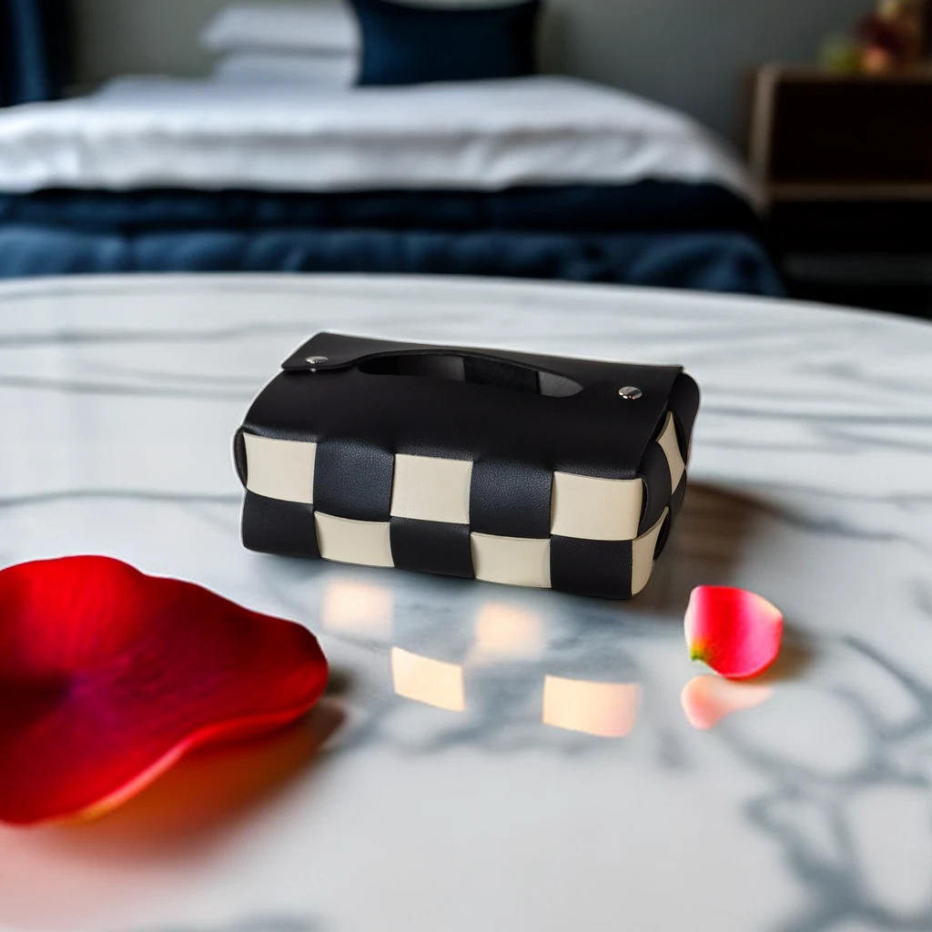 高级抽纸盒棋盘格简约车载酒店客厅餐厅手工编织黑白格纸巾盒家用