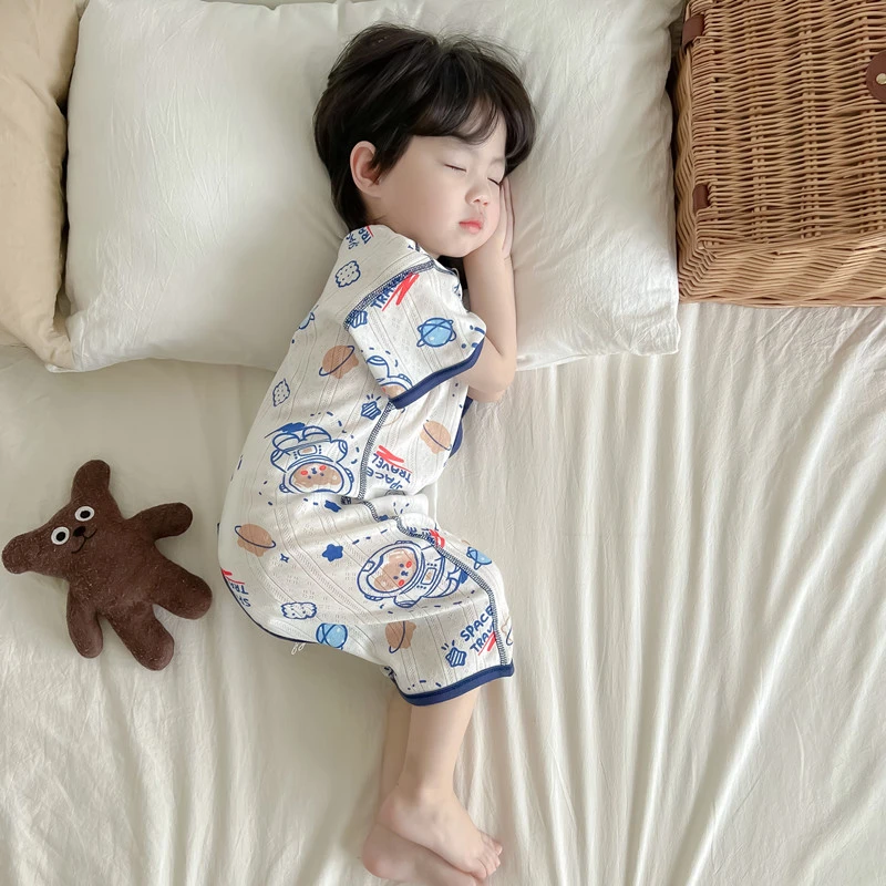 宝宝短袖睡袋夏季薄款儿童空调房防踢被纯棉婴儿护肚连体衣家居服