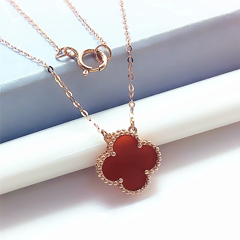 福福金楼585紫金红色四叶草套链时尚气质百搭14K玫瑰金项链