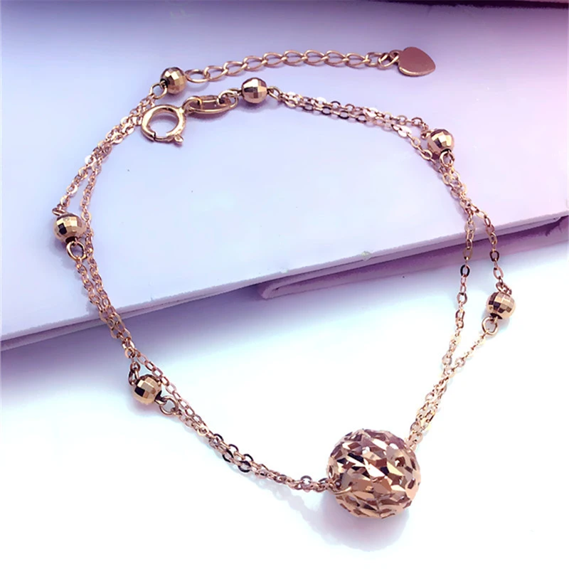福福金楼585紫金素金镂空球球手链双层女士时尚百搭气质14K玫瑰金