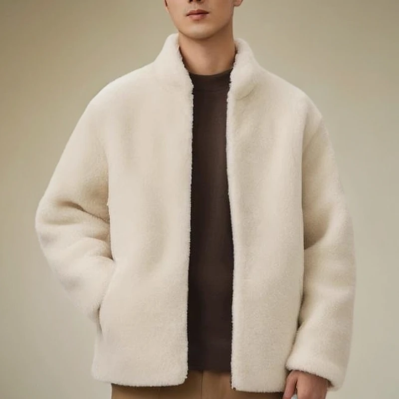 纽斯赫肯高端男士冬季外套皮毛一体百分百纯羊毛加厚保暖立领外套