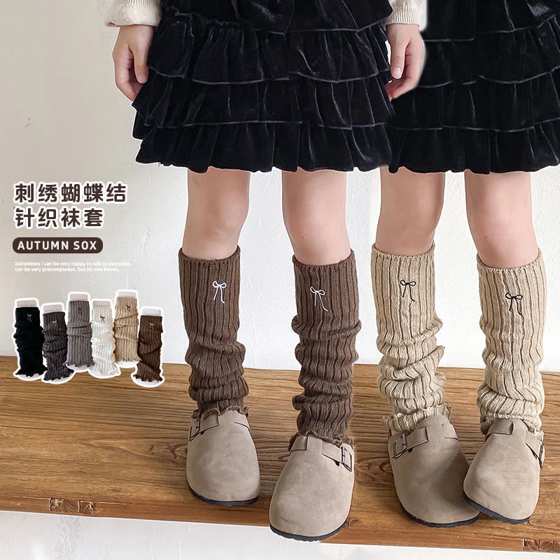 女童长筒堆堆袜儿童刺绣蝴蝶结秋冬加厚针织护腿套袜子长筒袜高筒