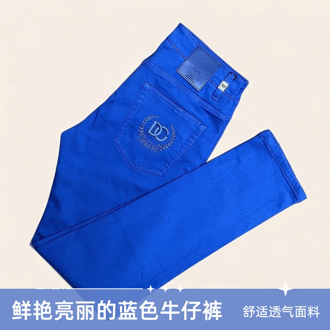 新款秋冬弹力修身小直筒蓝色牛仔裤男士轻奢时尚经典刺绣潮流男裤