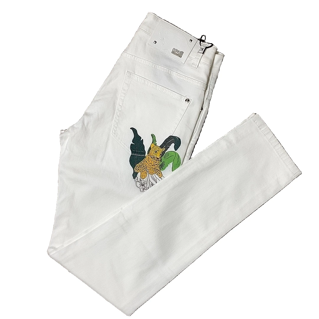欧货春夏薄款白色印花休闲牛仔裤男士修身轻奢时尚个性潮流休闲裤