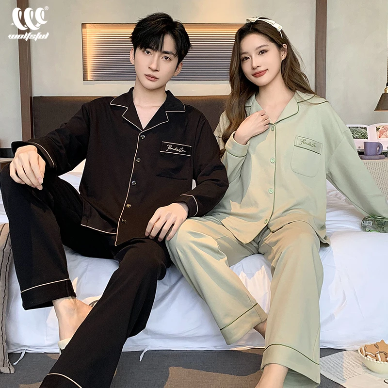 情侣睡衣春秋纯棉长袖家居服可外穿翻领情侣简约宽松休闲居家套装