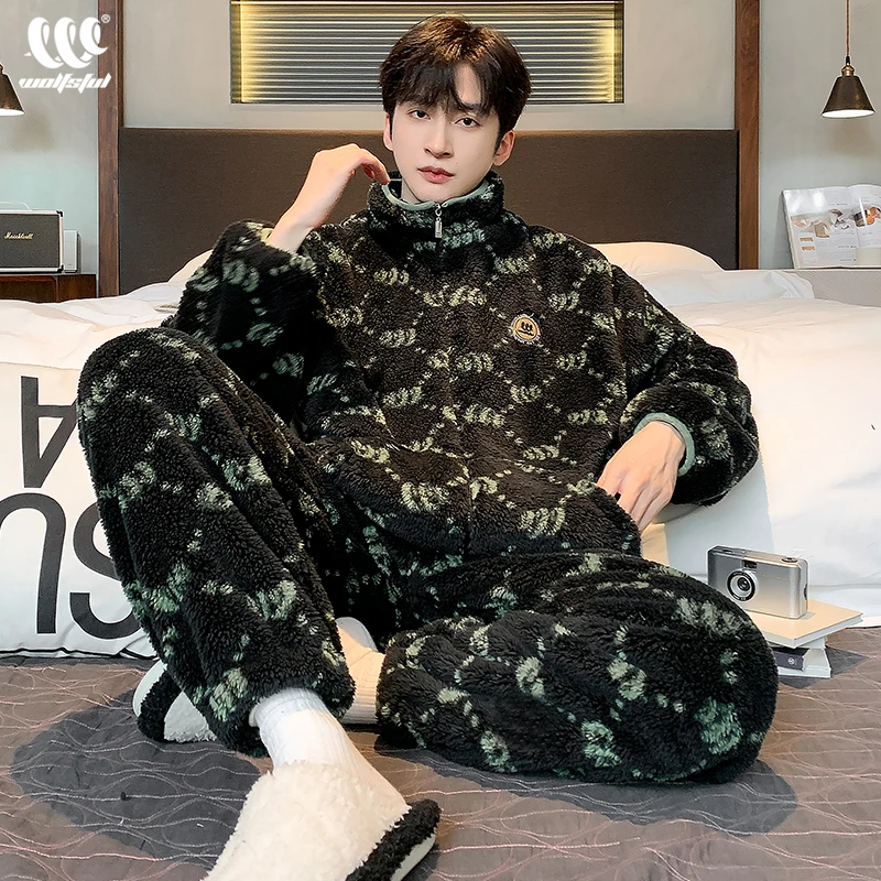 男士睡衣冬季春秋加厚保暖珊瑚绒秋冬款大码可外穿奢华家居服套装