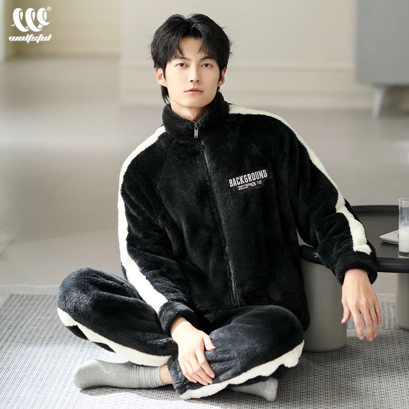 睡衣男款春秋2024年新款冬季加绒加厚珊瑚绒法兰绒保暖套装家居服