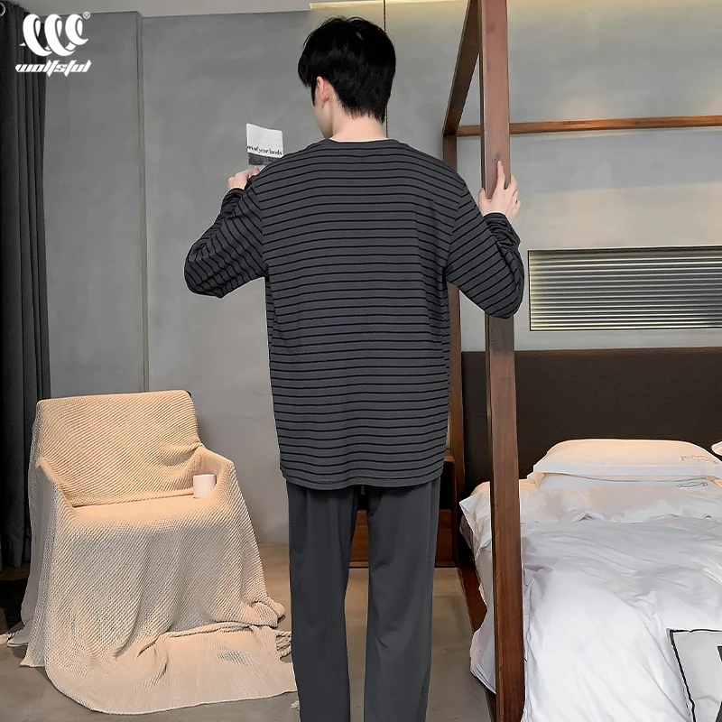 男士睡衣春秋莫代尔长袖长裤条纹空调房青少年大码简约家居服套装