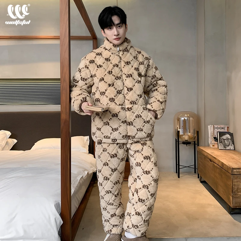 男士睡衣冬季珊瑚绒夹棉袄秋冬款三层加厚男款法兰绒保暖加绒冬天