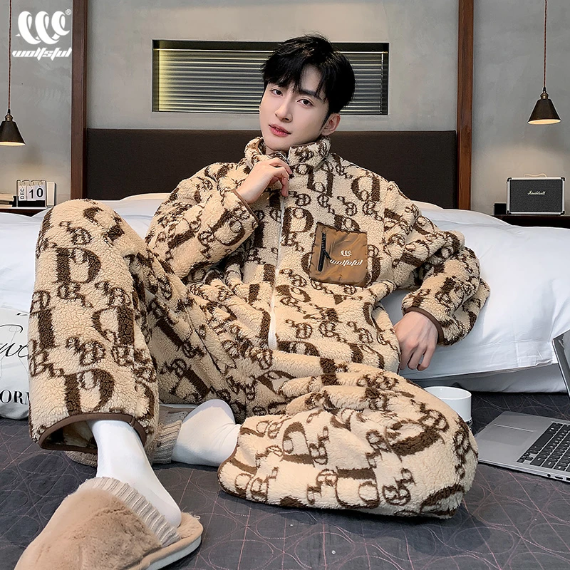 男士睡衣冬季加绒加厚保暖珊瑚绒秋冬款大码可外穿时尚家居服套装