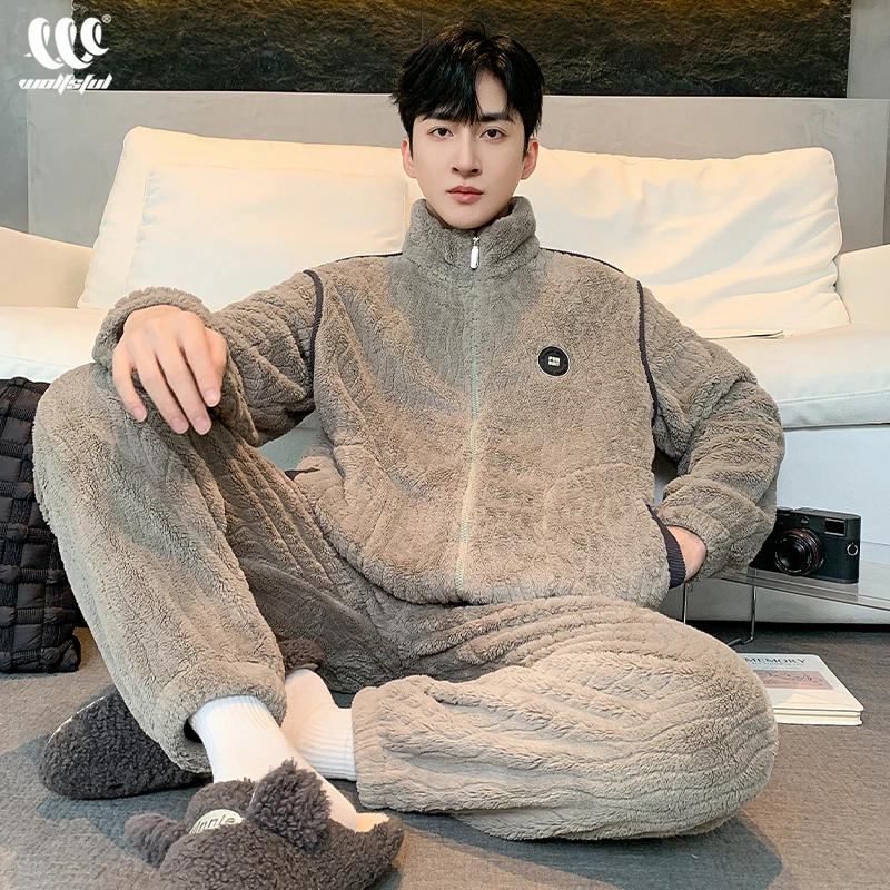 睡衣男款冬季珊瑚绒加绒加厚秋冬款法兰绒运动男士冬天家居服套装