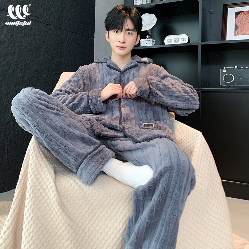 睡衣男士冬季法兰绒加绒保暖秋冬款珊瑚绒大学生可外穿家居服套装