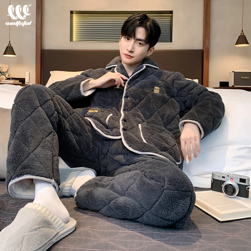 睡衣男秋冬季三层加厚加绒保暖珊瑚绒夹棉袄宅家可外穿家居服套装