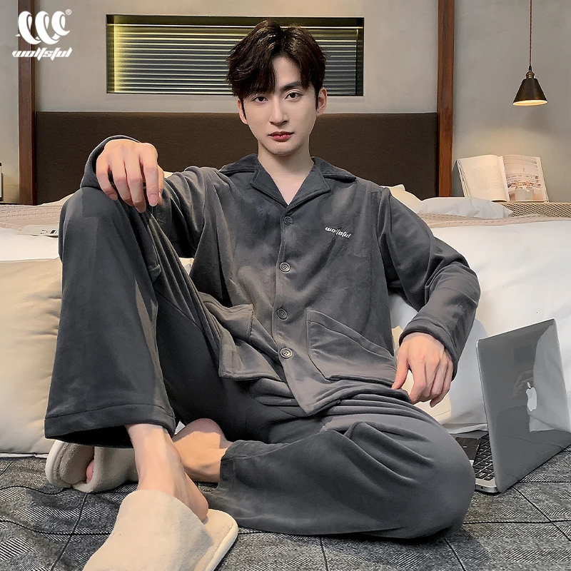 珊瑚绒睡衣男士秋冬款加厚海岛绒法兰绒冬季可外穿春秋家居服套装