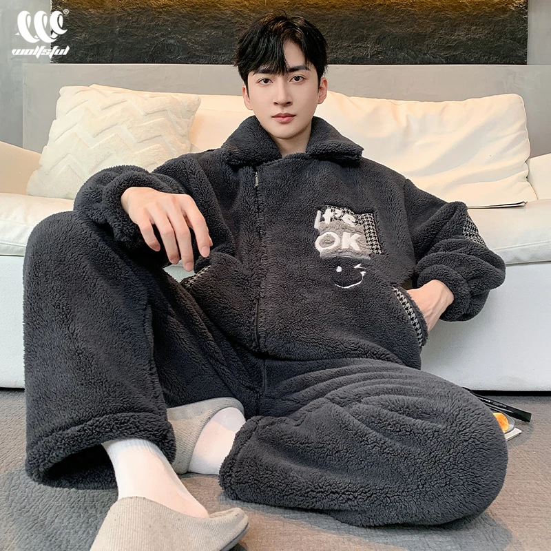 珊瑚绒睡衣男士冬季加绒加厚2024新款法兰绒秋冬款男款拉链家居服