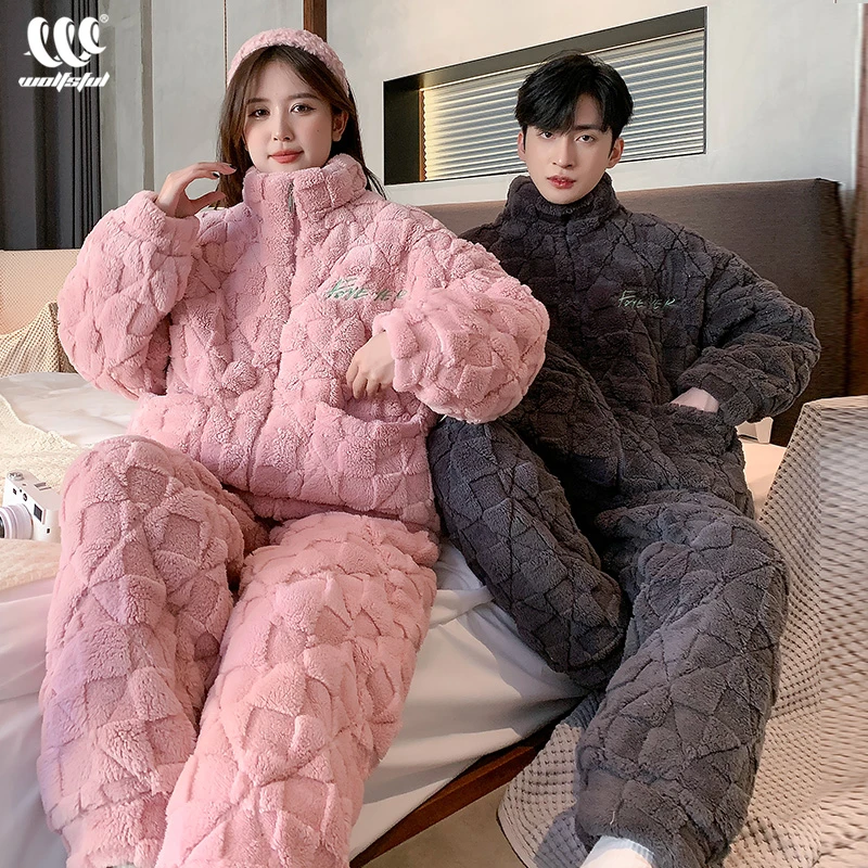 情侣睡衣秋冬季三层夹棉珊瑚绒加绒加厚女士保暖冬款男家居服套装