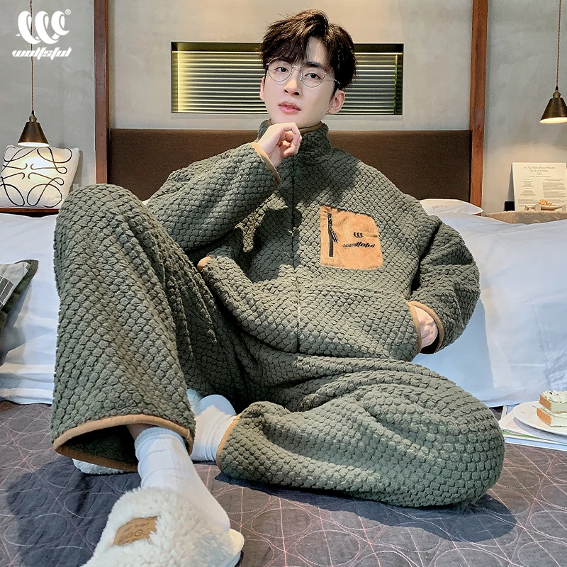 睡衣男冬季珊瑚绒加绒加厚法兰绒男士拉链大学生可外穿家居服套装