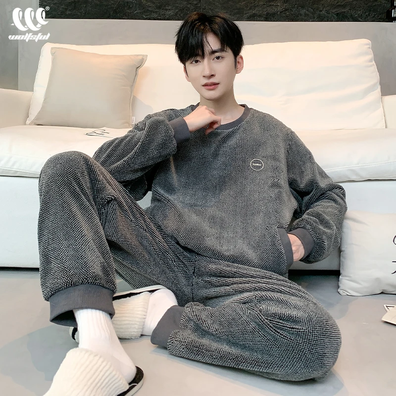 珊瑚绒男士秋冬季保暖睡衣圆领套头简约短绒加厚加绒冬家居服套装