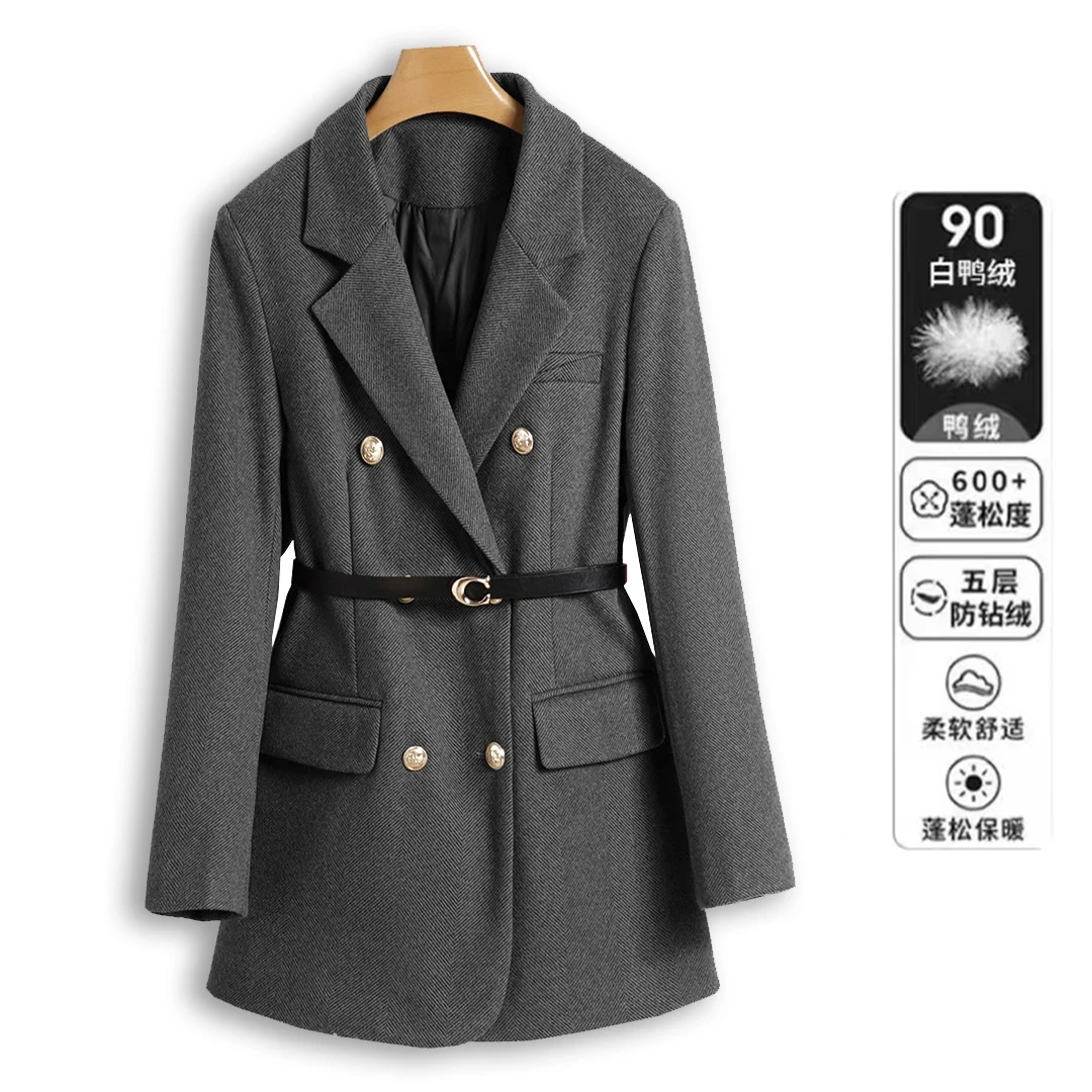 2024秋冬人字纹毛呢西装大衣外套女白鸭绒西服收腰舒适保暖休闲