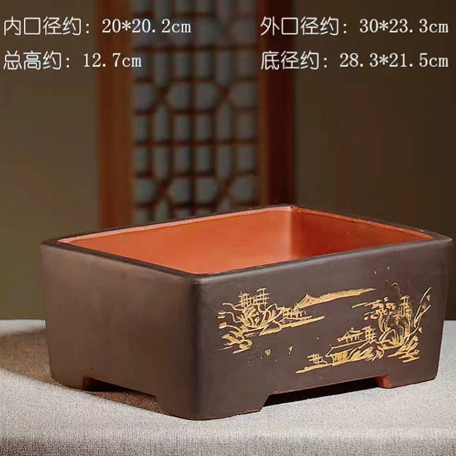 宜兴手工精大长方形刻绘仿古花卉绿植树桩种树处理盆景盆大型完美
