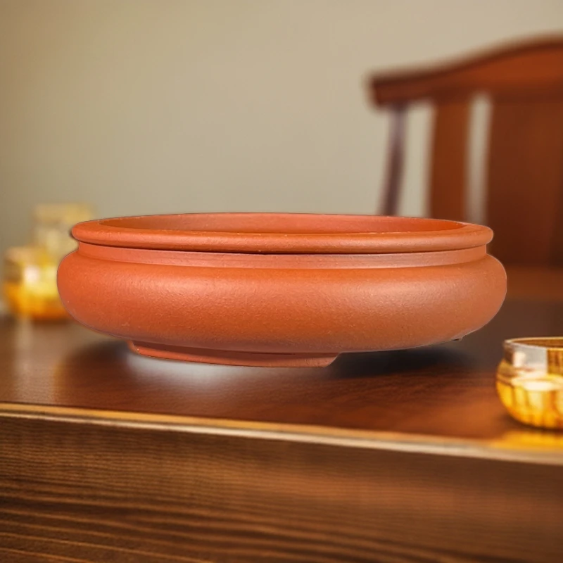 宜兴紫砂复古锁口浅圆盆简约圆大号桌面菖蒲盆景盆文人盆高提根