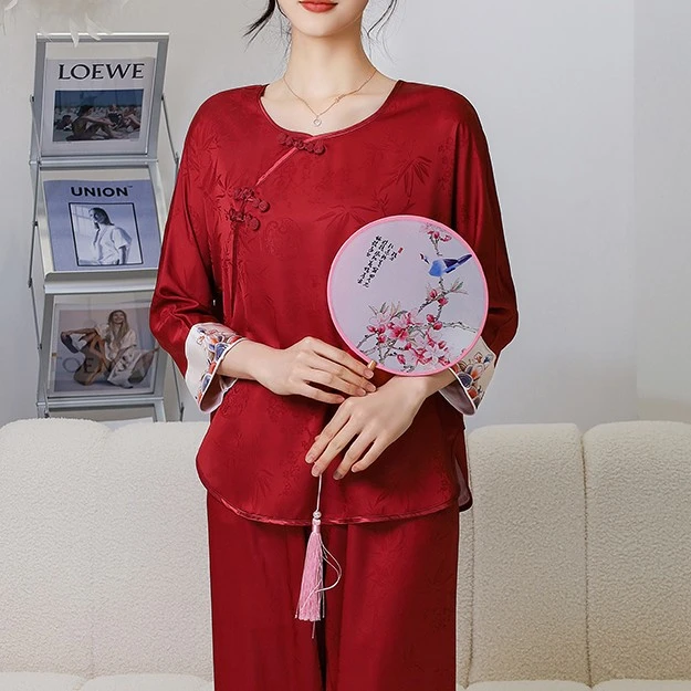 上海故事【竹韵梅香】秋冬国风提花带胸垫家居服女款冬天睡衣