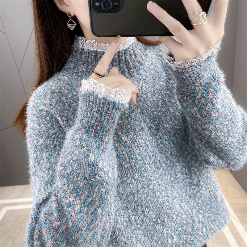 雪尼尔2023年新款蕾丝领假两件毛衣女外穿加厚宽松秋冬套头半高领