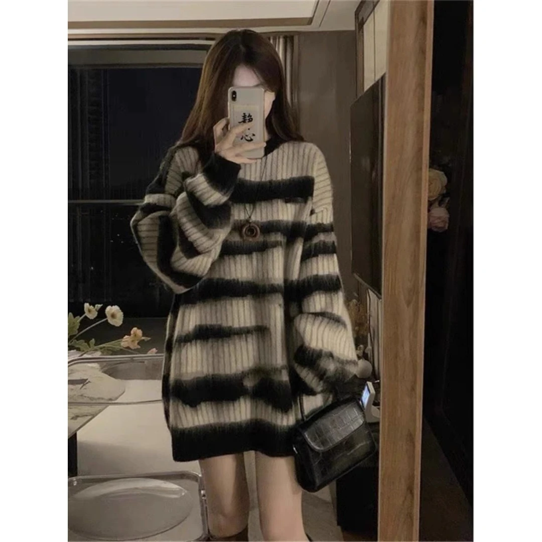 条纹中长款套头毛衣女秋冬宽松慵懒风高级感冬季软糯针织衫