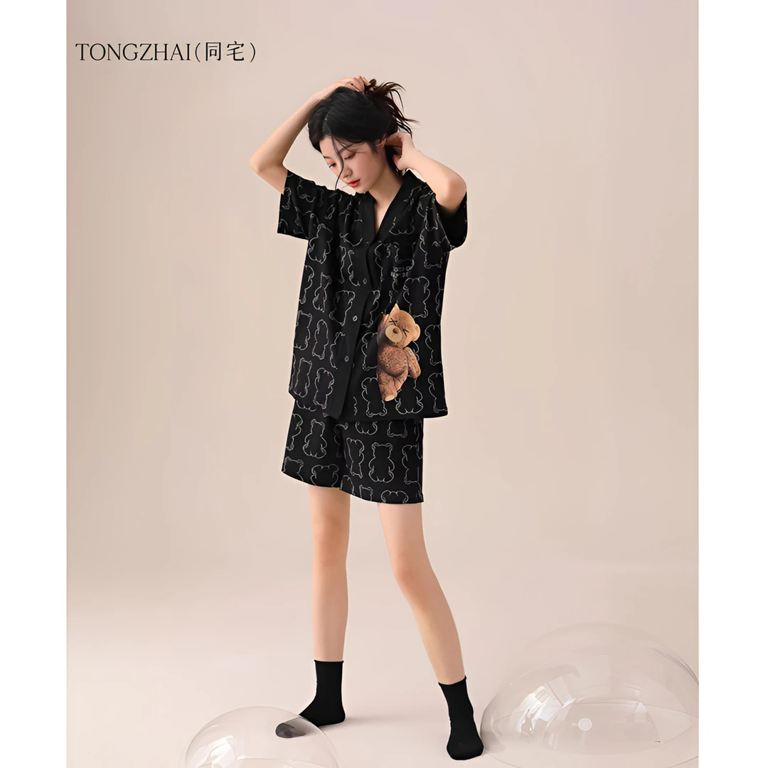 同宅睡衣女款夏季纯棉新款休闲可外穿熊猫短袖家居服夏天薄款套装
