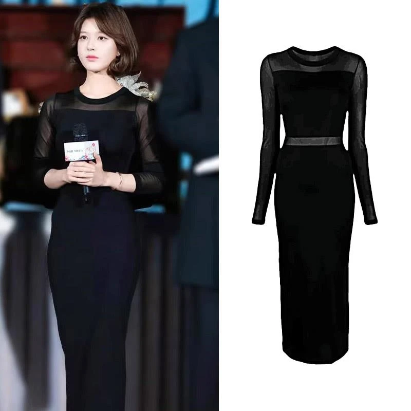 2024赵露思同款黑色气质半透明针织连衣裙女修身御姐风情万种的礼